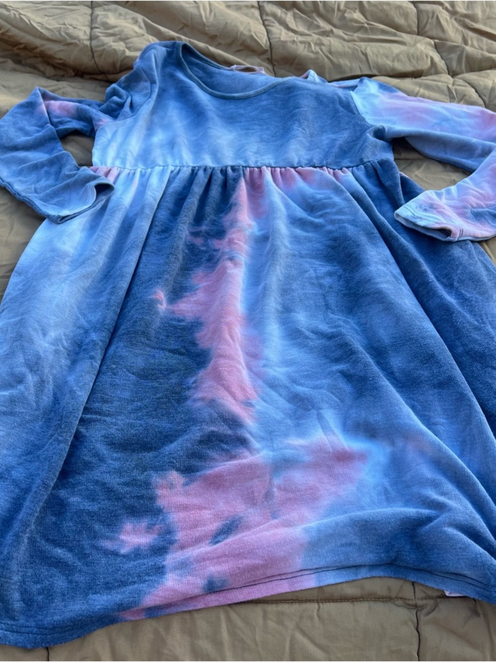 Ces Femme Blue and Pink Tie-Dye Long Sleeve Baby Doll Dress Size Medium